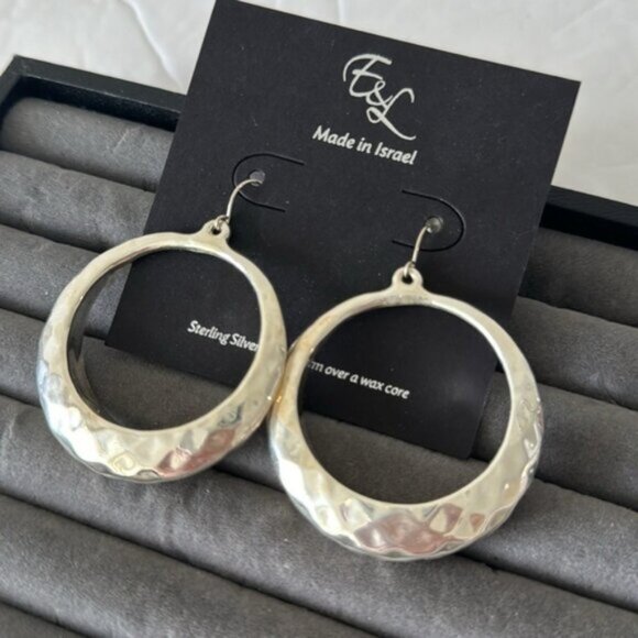 E&L Israel 925 Sterling Silver Circle Hammered Electroform Dangle Earrings - Picture 10 of 15